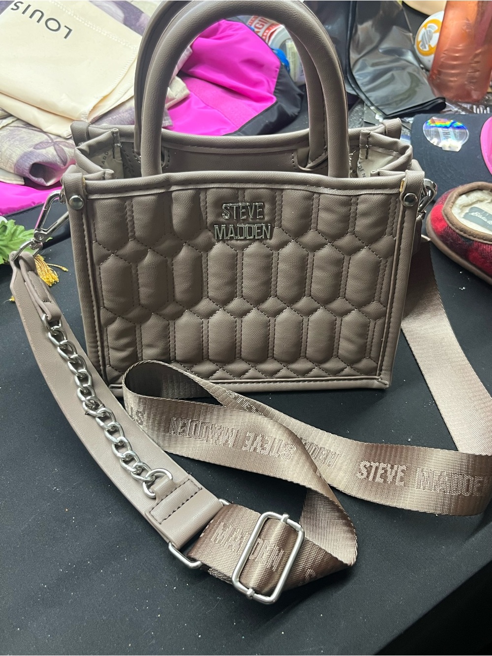 Steve Madden Taupe Quilted Satchel Top Handle Crossbody Detachable Strap Zip
